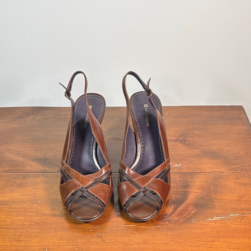 Naturalizer Brown Leather Crossover Slingback Heels ENRICA Woman Size 10